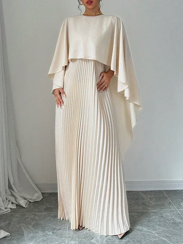 Yeezzi Women's Fashion Cape Sleeves High-Low Pleated Maxi Dresses  New Autumn Solid Color O-Neck Elegant Party Evening Dress