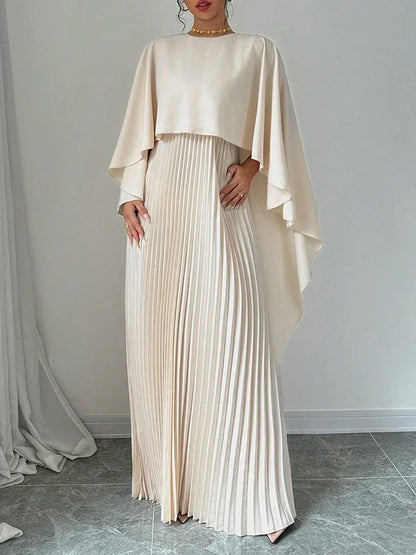 Yeezzi Women's Fashion Cape Sleeves High-Low Pleated Maxi Dresses  New Autumn Solid Color O-Neck Elegant Party Evening Dress