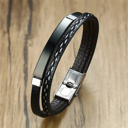 2025 Trendy Men Leatherwear Weave Bracelet Leisure Color Contrast Stainless Steel Bangle