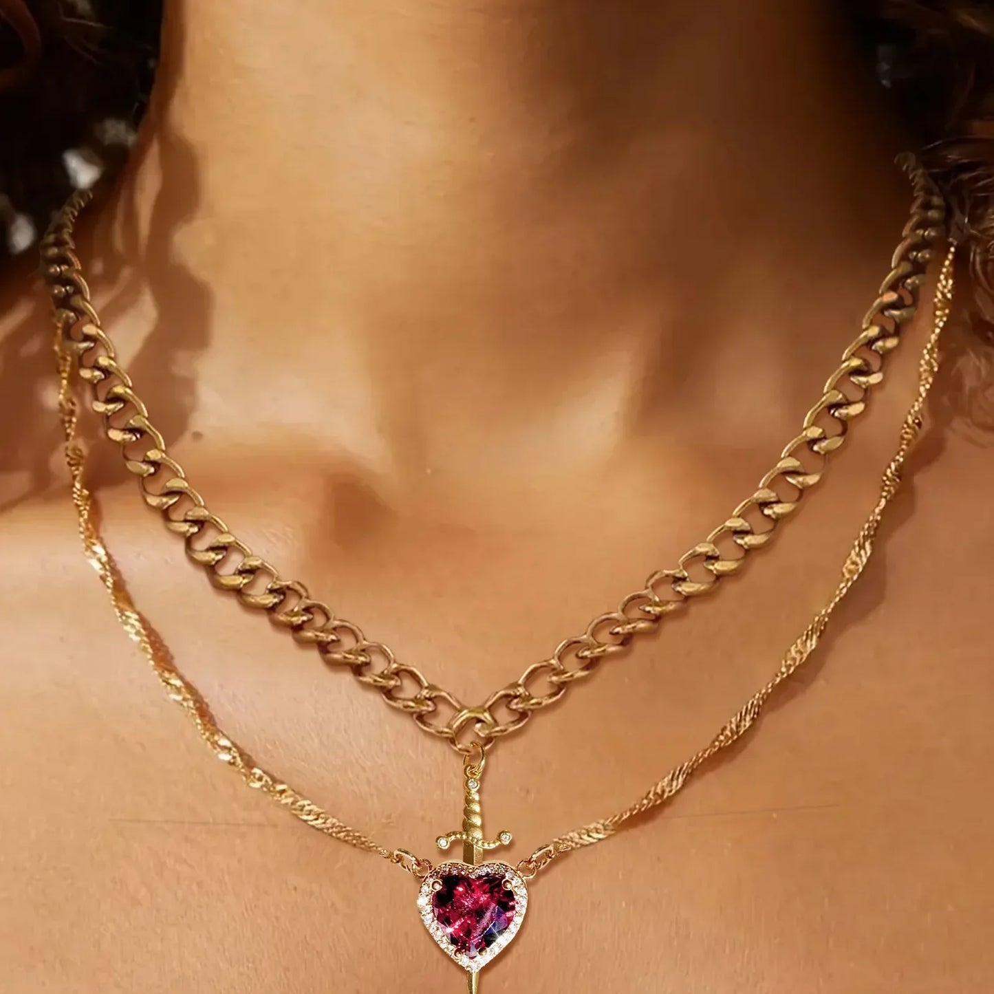 2025 2PCS Heart & Sword Zircon Pendant Necklace – Silver/Gold Plated Couple Jewelry