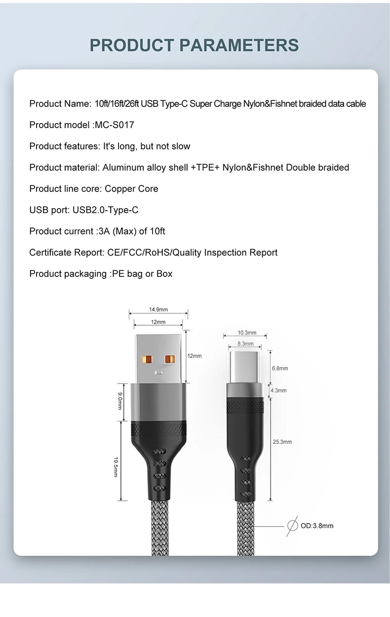 6A USB TYPE C/Micro USB Fast Charge Cable 3m 5 Meters USB C Android Extend Charging Cable for Huawei Samsung Xiaomi OPPO OnePlus