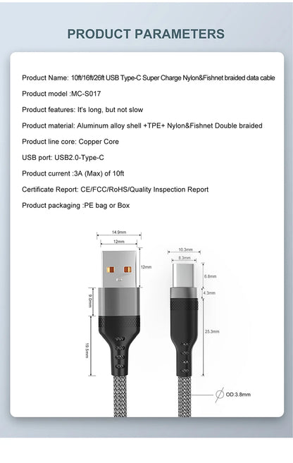 6A USB TYPE C/Micro USB Fast Charge Cable 3m 5 Meters USB C Android Extend Charging Cable for Huawei Samsung Xiaomi OPPO OnePlus