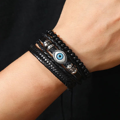 ZORCVENS 3 pcs/set Handmade Woven Leather Bracelet for Men, Vintage Braided Jewelry Gift, Evil Eye Bracelets Bangles