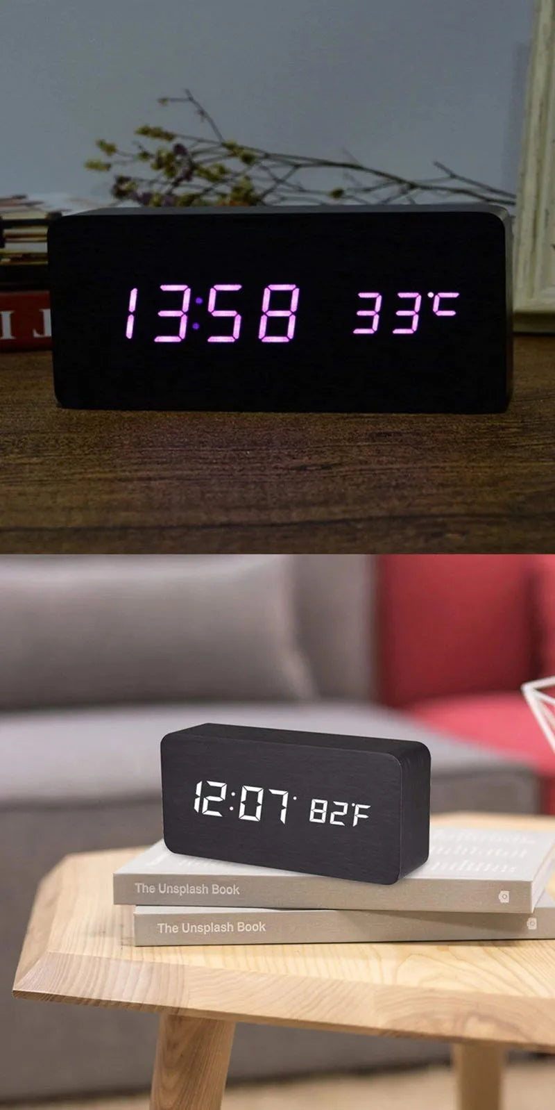 Wooden Digital Alarm Clock, LED Alarm Clock with Temperature Desk Clocks for Office