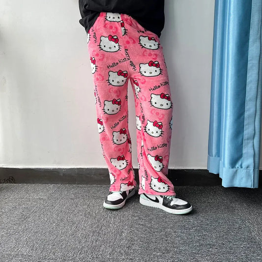 Sanrio My Melody & Hello Kitty Pink Flannel Pajama Pants – Women's Warm Cartoon Lounge Pants for Fall/Winter