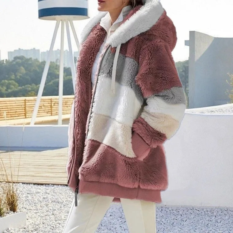 New Autumn Winter Warm Plush Pocket Hooded Streetwear Loose Lady Outerwear Coat