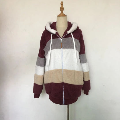 New Autumn Winter Warm Plush Pocket Hooded Streetwear Loose Lady Outerwear Coat