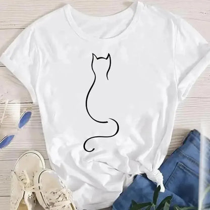 Women Funny Cat O Neck T-shirts Girl Summer Animal Tops Tee 2025