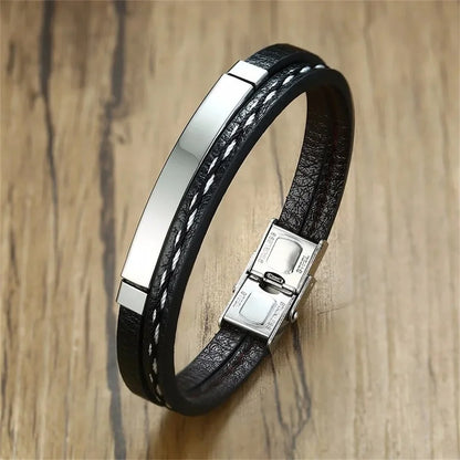 2025 Trendy Men Leatherwear Weave Bracelet Leisure Color Contrast Stainless Steel Bangle