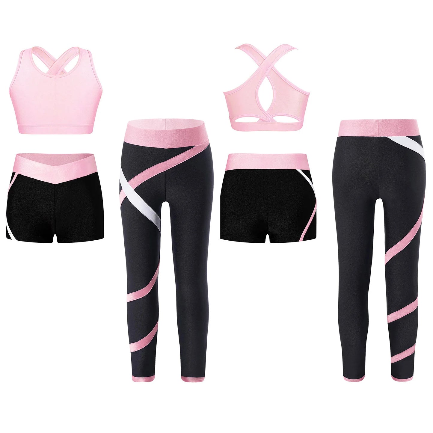 Kids Girls 3 Pcs Athletic Tracksuits Ballet Dance Yoga Sportswear Sports Bra Shorts with Leggings Tumbling Ice Skating Sets