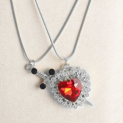 2025 2PCS Heart & Sword Zircon Pendant Necklace – Silver/Gold Plated Couple Jewelry
