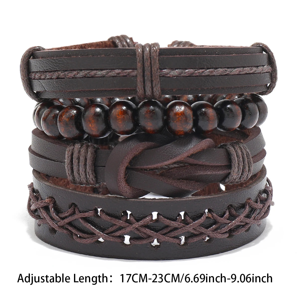 Vintage Leather Bracelet Men Multiple Woven Bracelets with Brown Wood Beads As Decorative Accessories Drawstring Bracelet