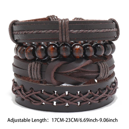 Vintage Leather Bracelet Men Multiple Woven Bracelets with Brown Wood Beads As Decorative Accessories Drawstring Bracelet