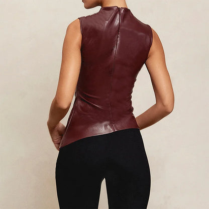 Fashion Solid Leather Y2k Top Skinny Waist Slimming Sleeveless Women Clothing High Collar Streetwear