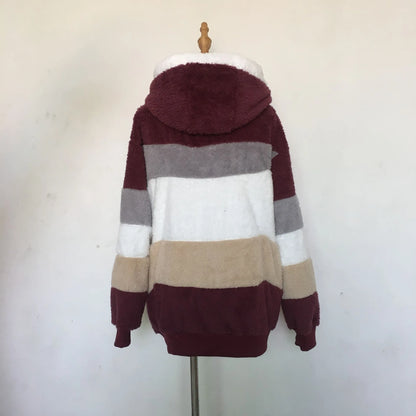 New Autumn Winter Warm Plush Pocket Hooded Streetwear Loose Lady Outerwear Coat