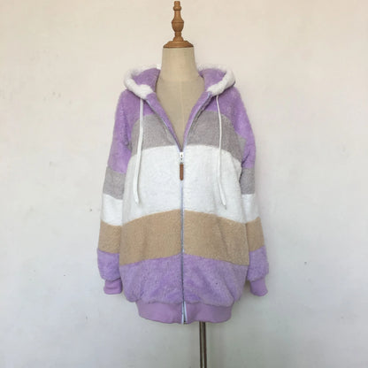 New Autumn Winter Warm Plush Pocket Hooded Streetwear Loose Lady Outerwear Coat