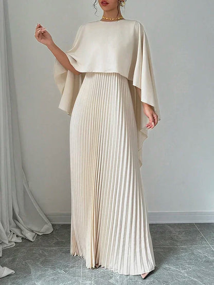 Yeezzi Women's Fashion Cape Sleeves High-Low Pleated Maxi Dresses  New Autumn Solid Color O-Neck Elegant Party Evening Dress