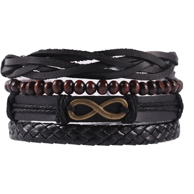 4Pcs/ Set Braided Wrap Leather Bracelets For Men Vintage Life Tree Rudder Charm Wood Beads Ethnic Tribal Wristbands