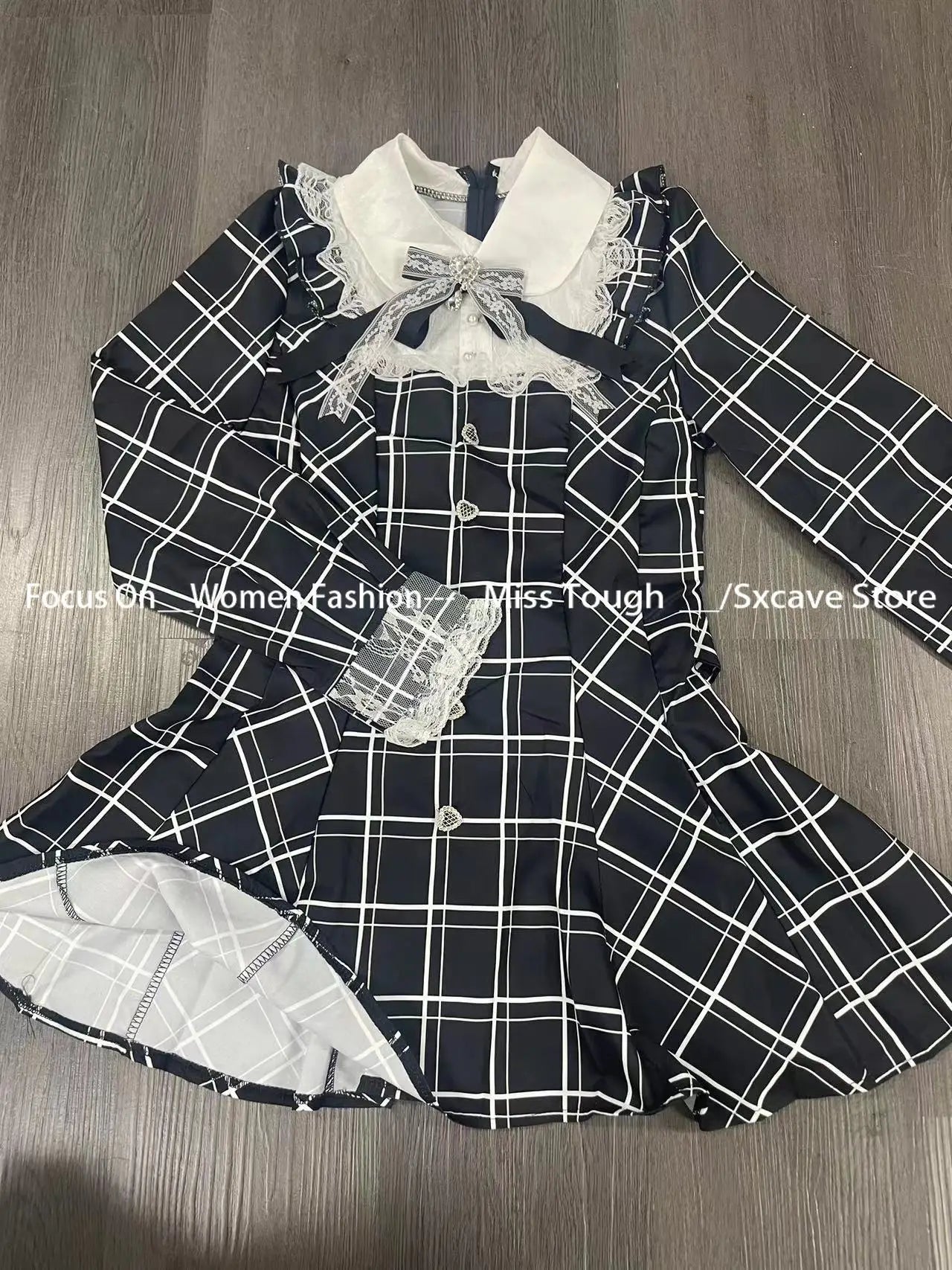 Harajuku Sweet Bow Black Plaid Dresses All-match Slim Fit Kawaii Lolita Dress for Women 2025