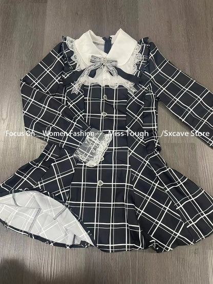 Harajuku Sweet Bow Black Plaid Dresses All-match Slim Fit Kawaii Lolita Dress for Women 2025