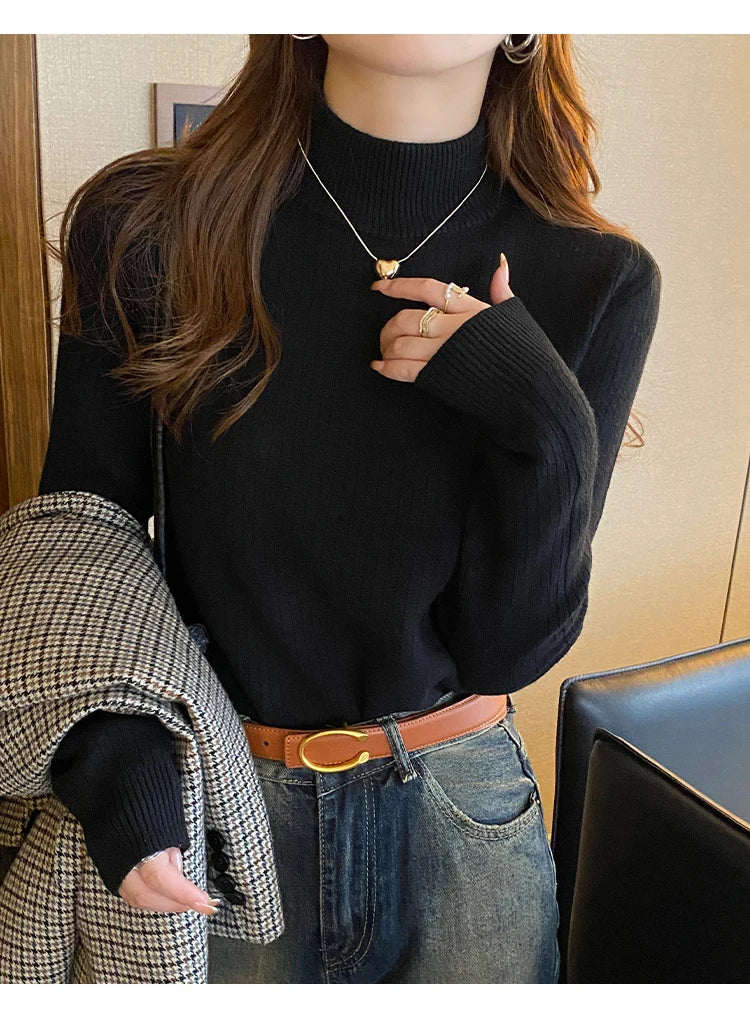 Women's Turtleneck Sweater Winter  Retro Red with Velvet Lining Thickened Inner Wear Thermal Knitting Bottoming Shirt
