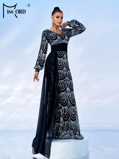 Missord Green Sequin Evening Dress Elegant Women Long Sleeve V-neck Belt Draped Bodycon Wedding Party Prom Dresses Female Gown