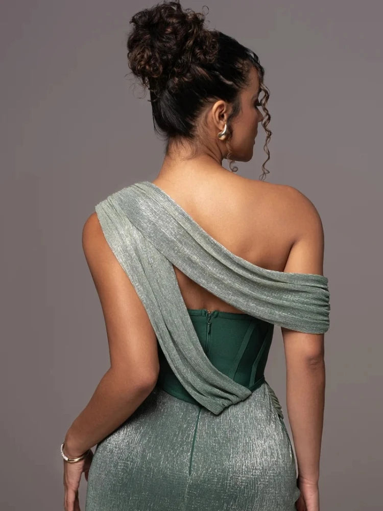 One Shoulder Draped Glitter Long Dress Women Brown Corset Sparkly Backless Bodycon Maxi Dresses Evening Party Gowns