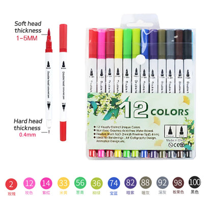 12-262 Colores Double Pen Tip Markers Brush Pens Set Painting Highlighter School Art Supplies for Artist Stationery