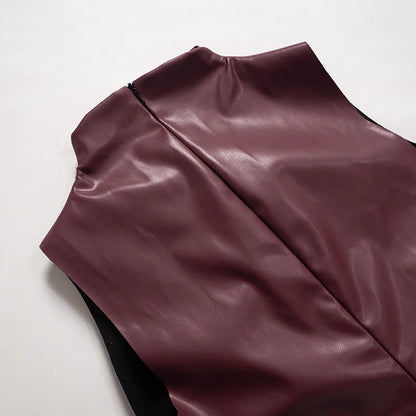 Fashion Solid Leather Y2k Top Skinny Waist Slimming Sleeveless Women Clothing High Collar Streetwear