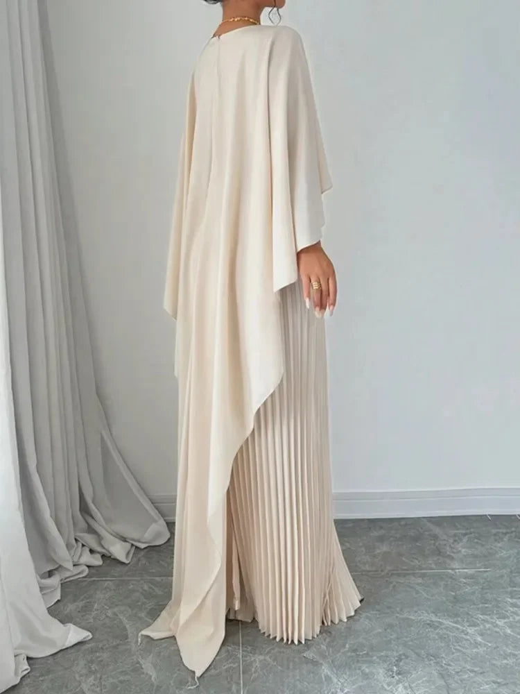Yeezzi Women's Fashion Cape Sleeves High-Low Pleated Maxi Dresses  New Autumn Solid Color O-Neck Elegant Party Evening Dress