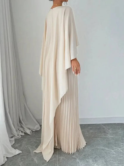 Yeezzi Women's Fashion Cape Sleeves High-Low Pleated Maxi Dresses  New Autumn Solid Color O-Neck Elegant Party Evening Dress