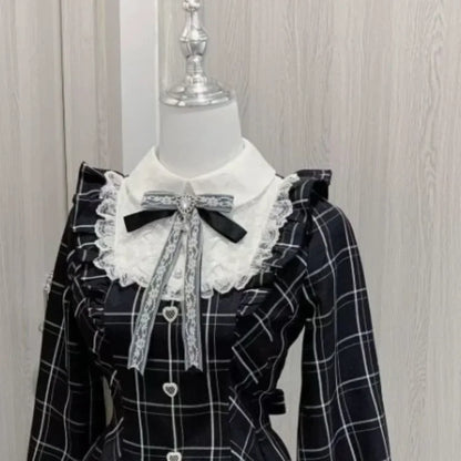 Harajuku Sweet Bow Black Plaid Dresses All-match Slim Fit Kawaii Lolita Dress for Women 2025