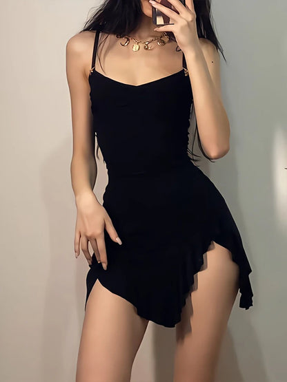 Mini Dress Women Summer New Black Sleeveless Strap Backless Folds Bodycon Split Dress Streetwear Elegant Party A-LINE Dress