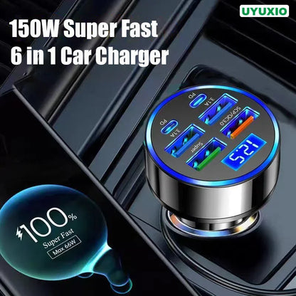 UYUXIO 6 in 1 USB C Car Phone Charger Adapter with Voltage Display Dual PD Super Fast for Phone