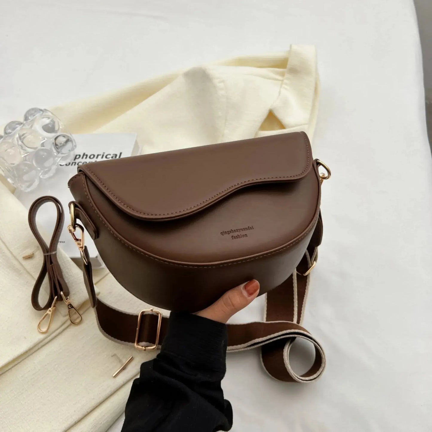Women Vintage Solid Color Flap Small Saddle Shoulder Underarm Bag Fashion PU Leather Wide Strap Crossbody Bag