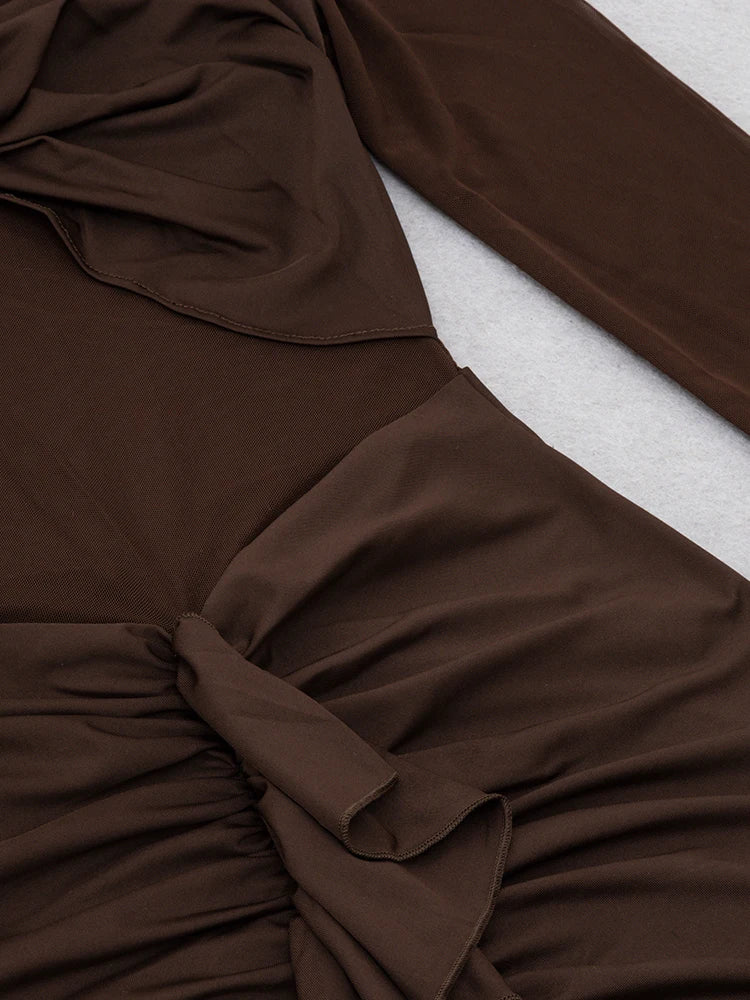 Turtleneck Mesh Patchwork Folds Bodycon Dress Elegant Brown Long Sleeve Draped Maxi Dress Celebrity Party Club Dresses