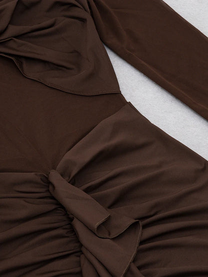 Turtleneck Mesh Patchwork Folds Bodycon Dress Elegant Brown Long Sleeve Draped Maxi Dress Celebrity Party Club Dresses